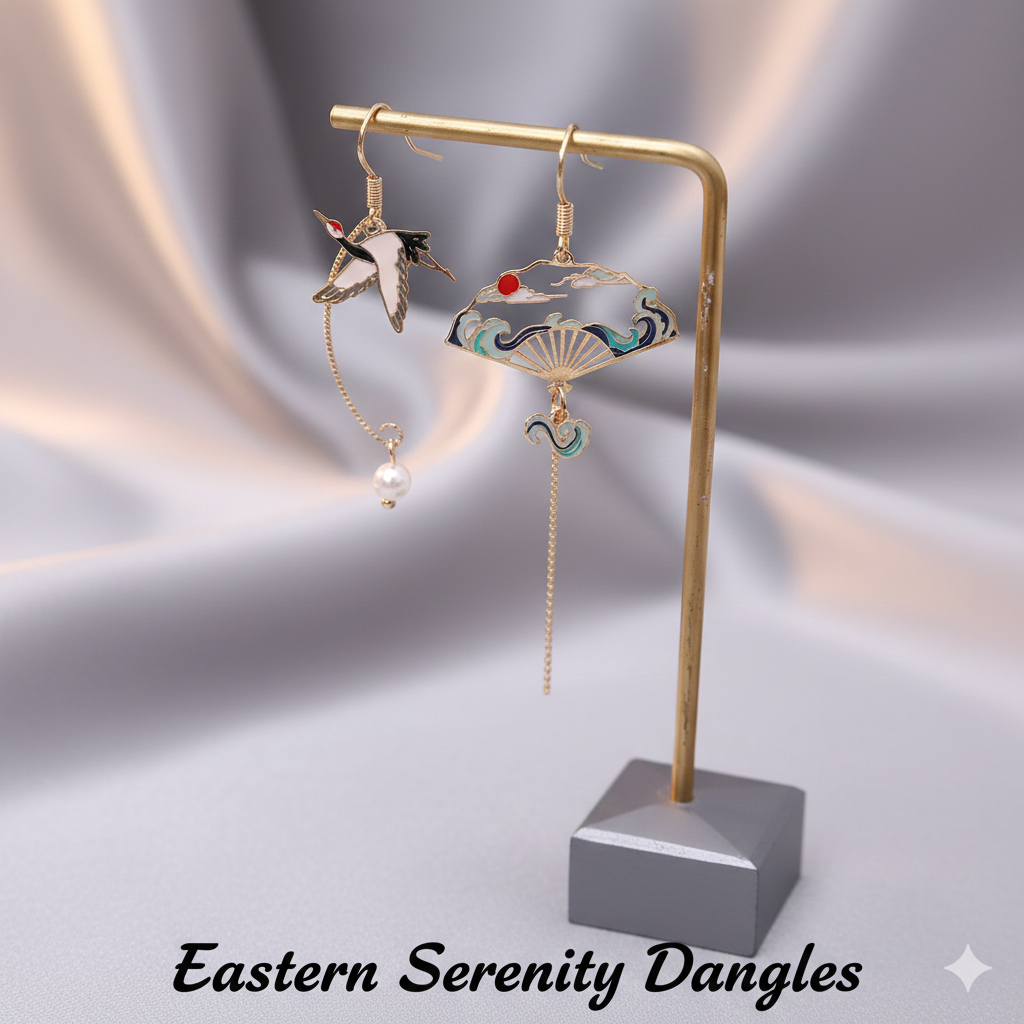 Asymmetric Crane Folding Fan Earrings for Women – Chinese Style Long Tassel Fashion Party Jewelry