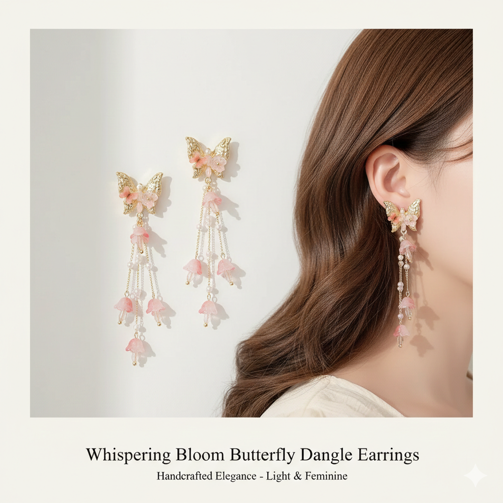 Pink Butterfly Long Tassel Earrings for Women: Zircon Crystal & Imitation Pearl Beads, Light Luxury Party Ear Accessories