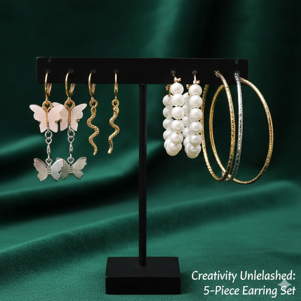 Trendy 5-Piece Snake & Butterfly Earring Set | Gold Acrylic Pearl Hoops for Women | Fashion Jewelry Gift Accessories
