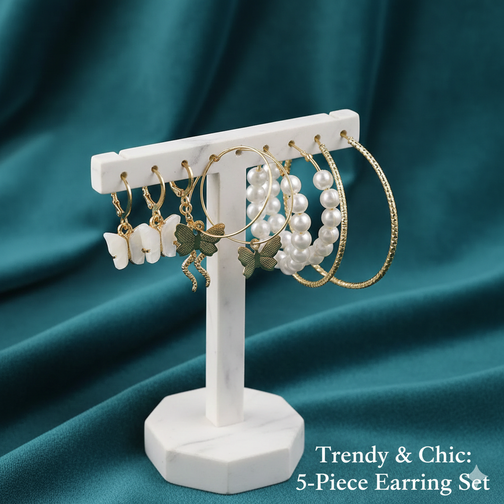 Trendy 5-Piece Snake & Butterfly Earring Set | Gold Acrylic Pearl Hoops for Women | Fashion Jewelry Gift Accessories