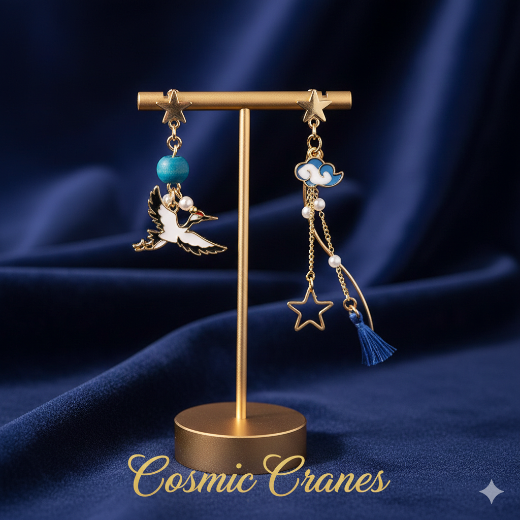 Asymmetric Crane Folding Fan Earrings for Women – Chinese Style Long Tassel Fashion Party Jewelry