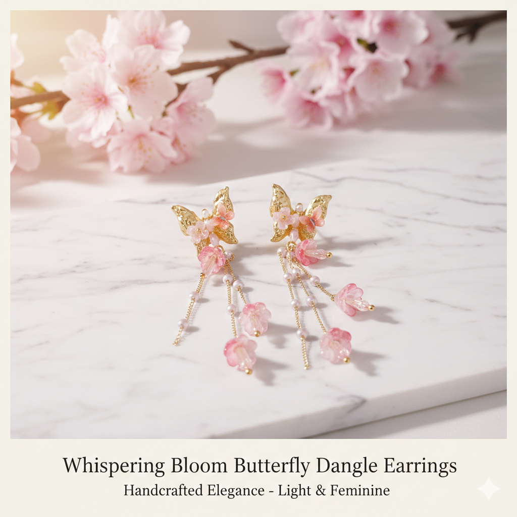 Pink Butterfly Long Tassel Earrings for Women: Zircon Crystal & Imitation Pearl Beads, Light Luxury Party Ear Accessories