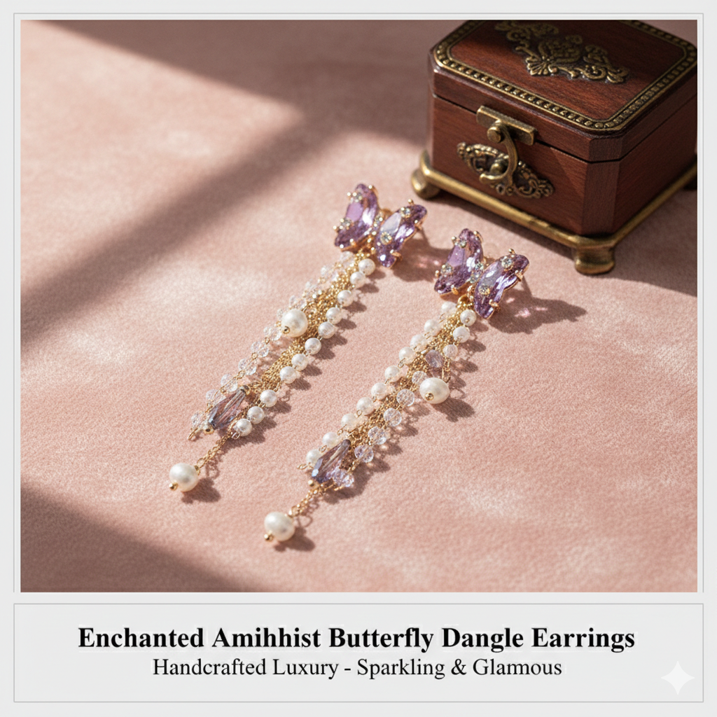 Pink Butterfly Long Tassel Earrings for Women: Zircon Crystal & Imitation Pearl Beads, Light Luxury Party Ear Accessories