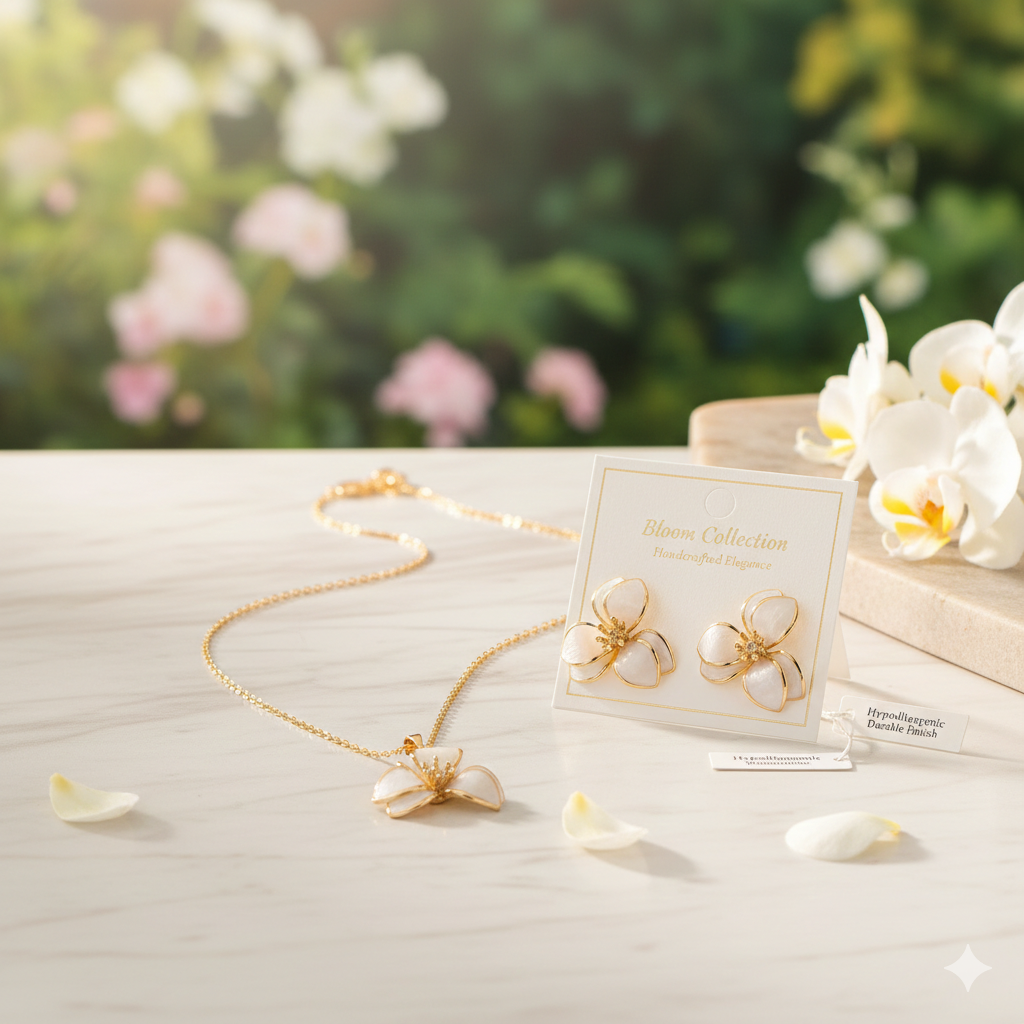 Elegant Enamel Flower Jewelry Set - 18K Gold Plated Floral Necklace & Earrings for Women