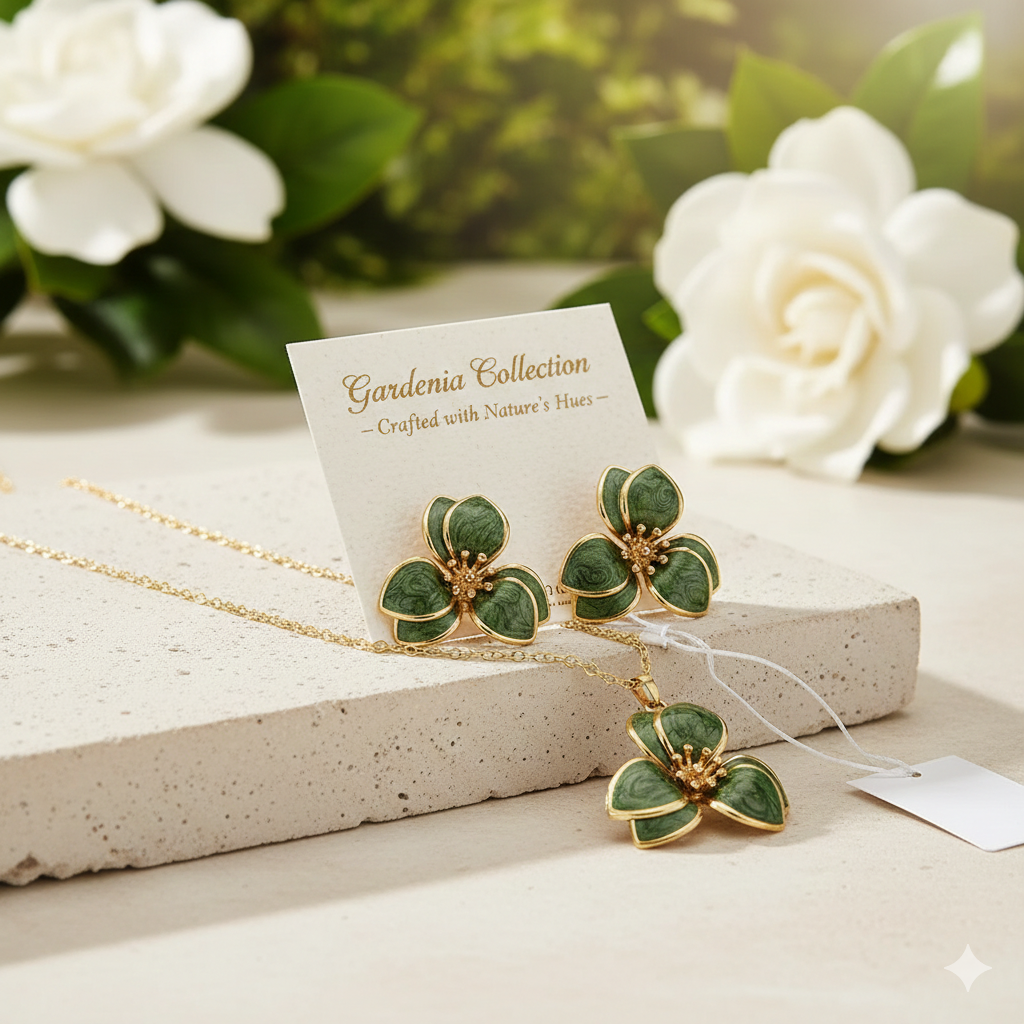 Elegant Enamel Flower Jewelry Set - 18K Gold Plated Floral Necklace & Earrings for Women