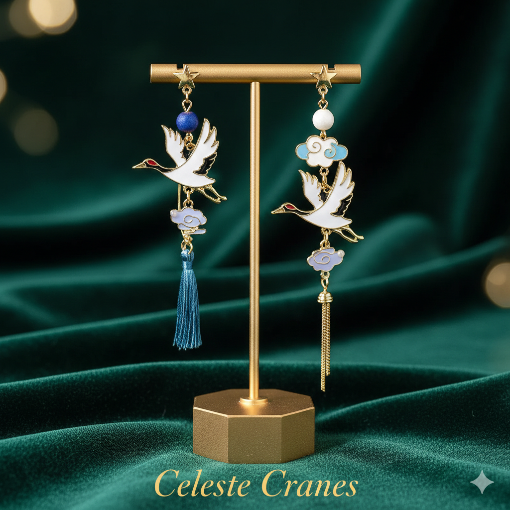 Asymmetric Crane Folding Fan Earrings for Women – Chinese Style Long Tassel Fashion Party Jewelry