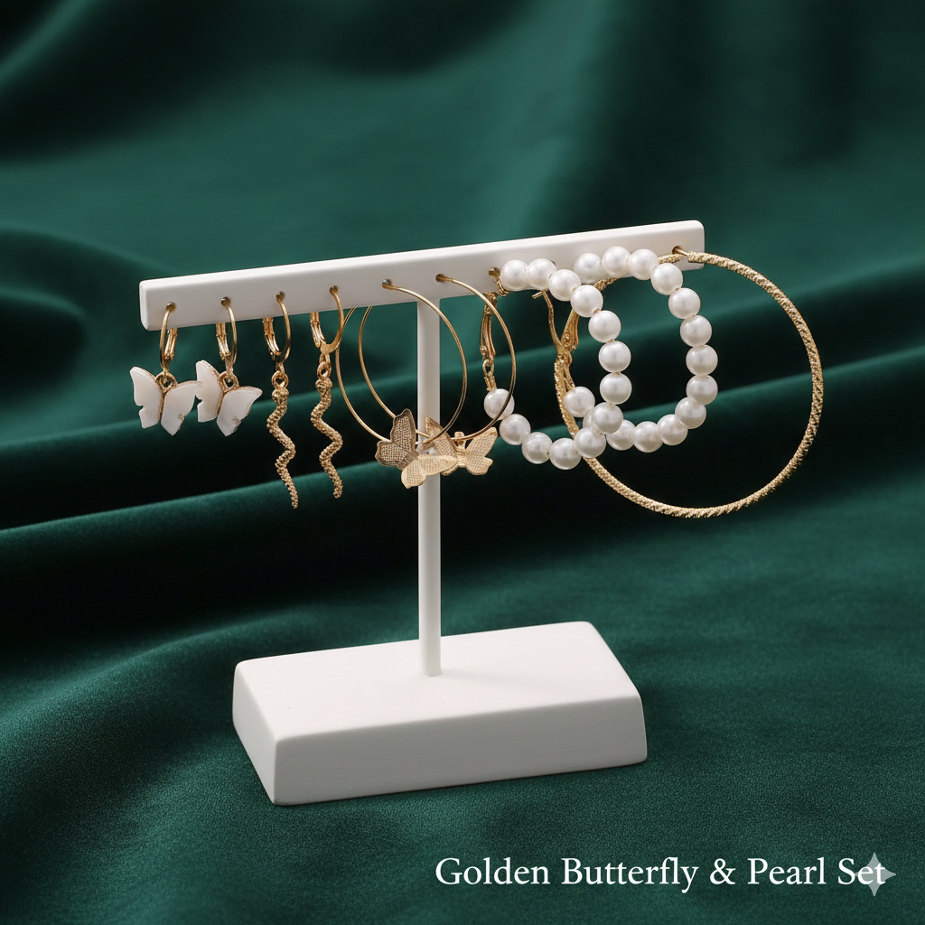 Trendy 5-Piece Snake & Butterfly Earring Set | Gold Acrylic Pearl Hoops for Women | Fashion Jewelry Gift Accessories