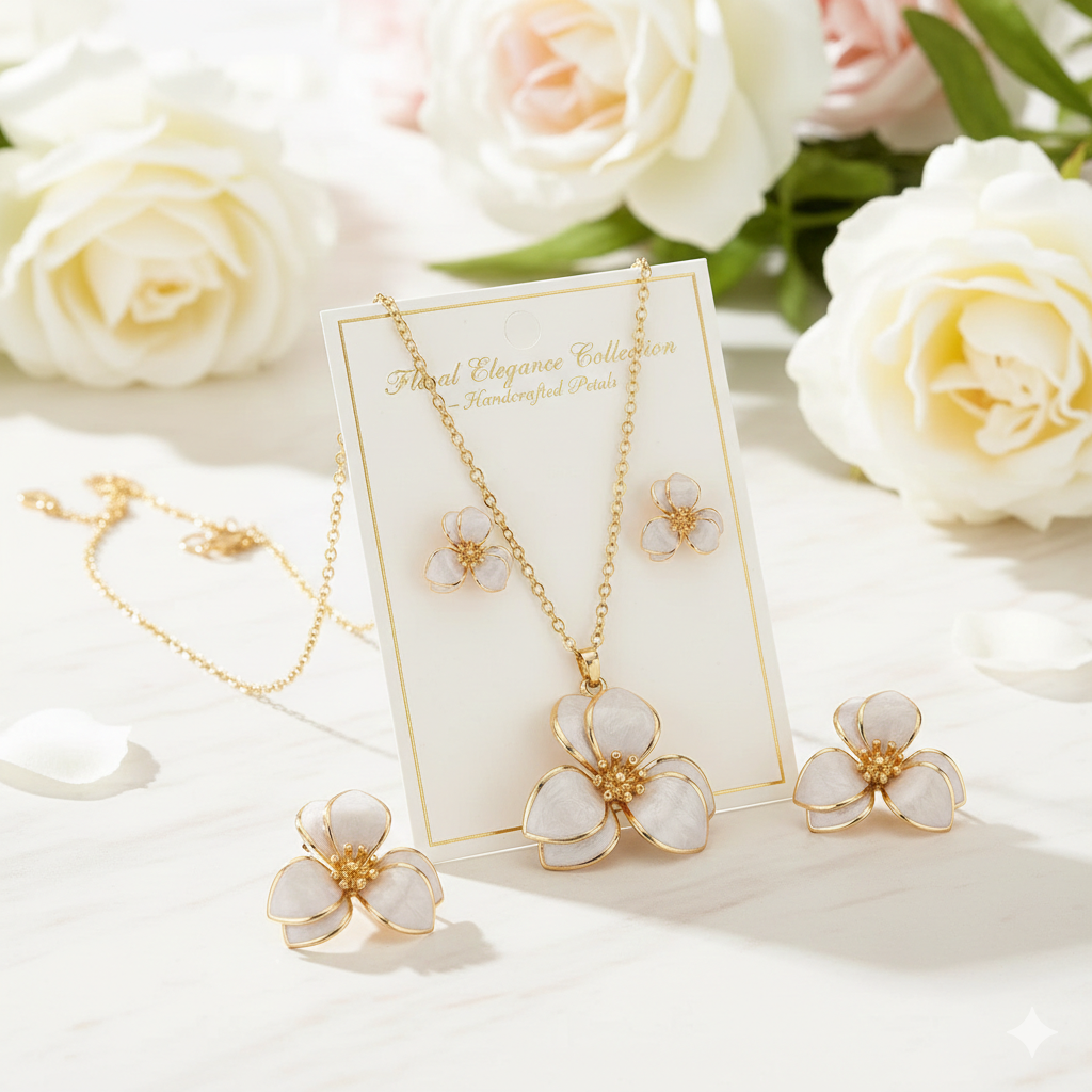 Elegant Enamel Flower Jewelry Set - 18K Gold Plated Floral Necklace & Earrings for Women